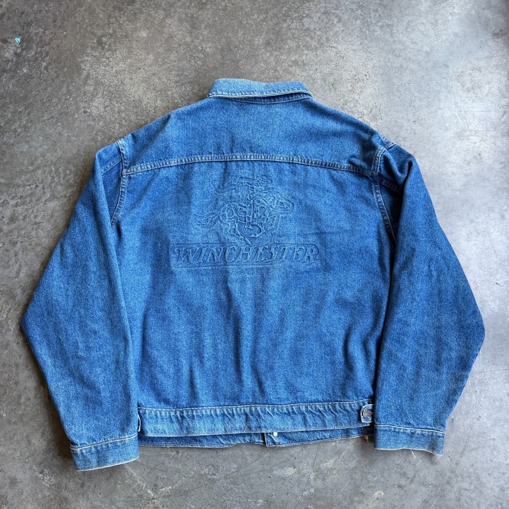 Vintage 90s Winchester Embroidered Graphic Jean Denim Trucker Jacket Mens 2XL